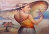 Картина Женщина в шляпе с птичкой. холст масло.